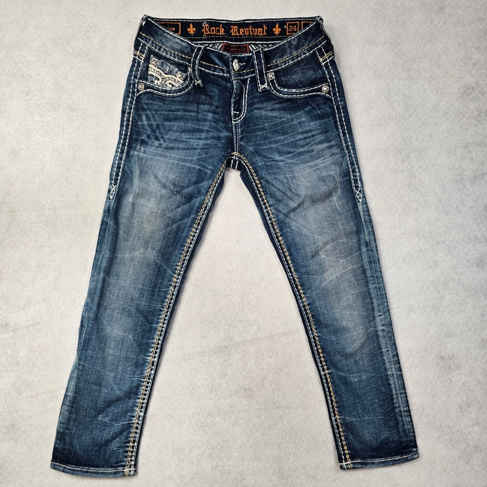 Rock Revival Arisa Cropped Straight Jeans Dark Wash Rhinestone Stitching Size 24